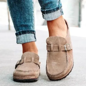 Round Toe Low Heel Buckle Loafers Street Style Loafers Outfit