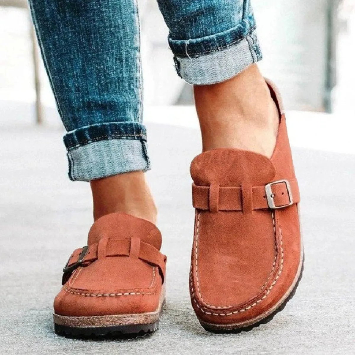 Round Toe Low Heel Buckle Loafers Ostrich Loafers