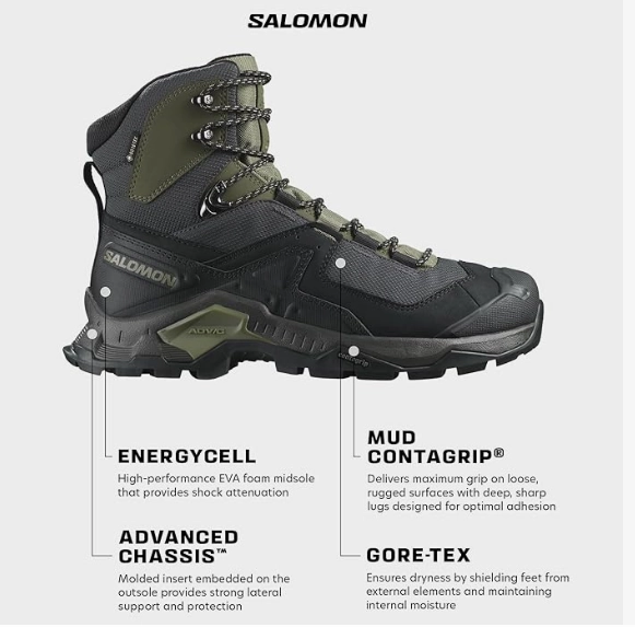 Salomon Men's QUEST ELEMENT GORE-TEX Leather Hiking Boots, Black / Deep Lichen Green / Olive Night Wedge Sole Hiking Boots