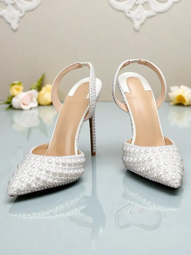 Pearl-Embellished Leather Heels Women's White Slingback -