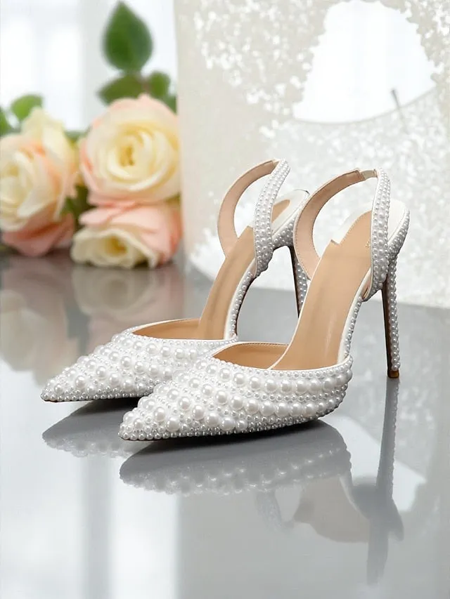 Pearl-Embellished Leather Heels Women's White Slingback -