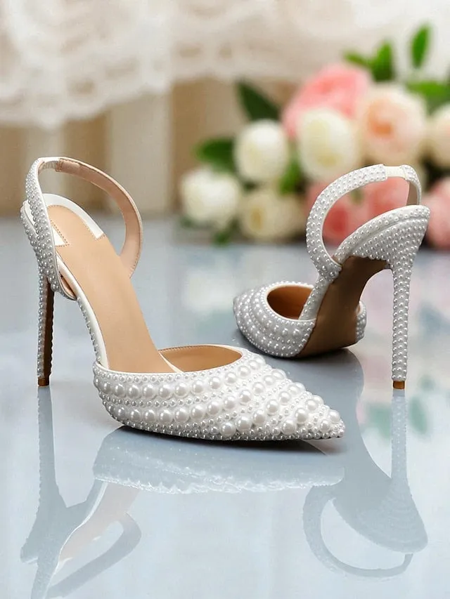 Pearl-Embellished Leather Heels Women's White Slingback -