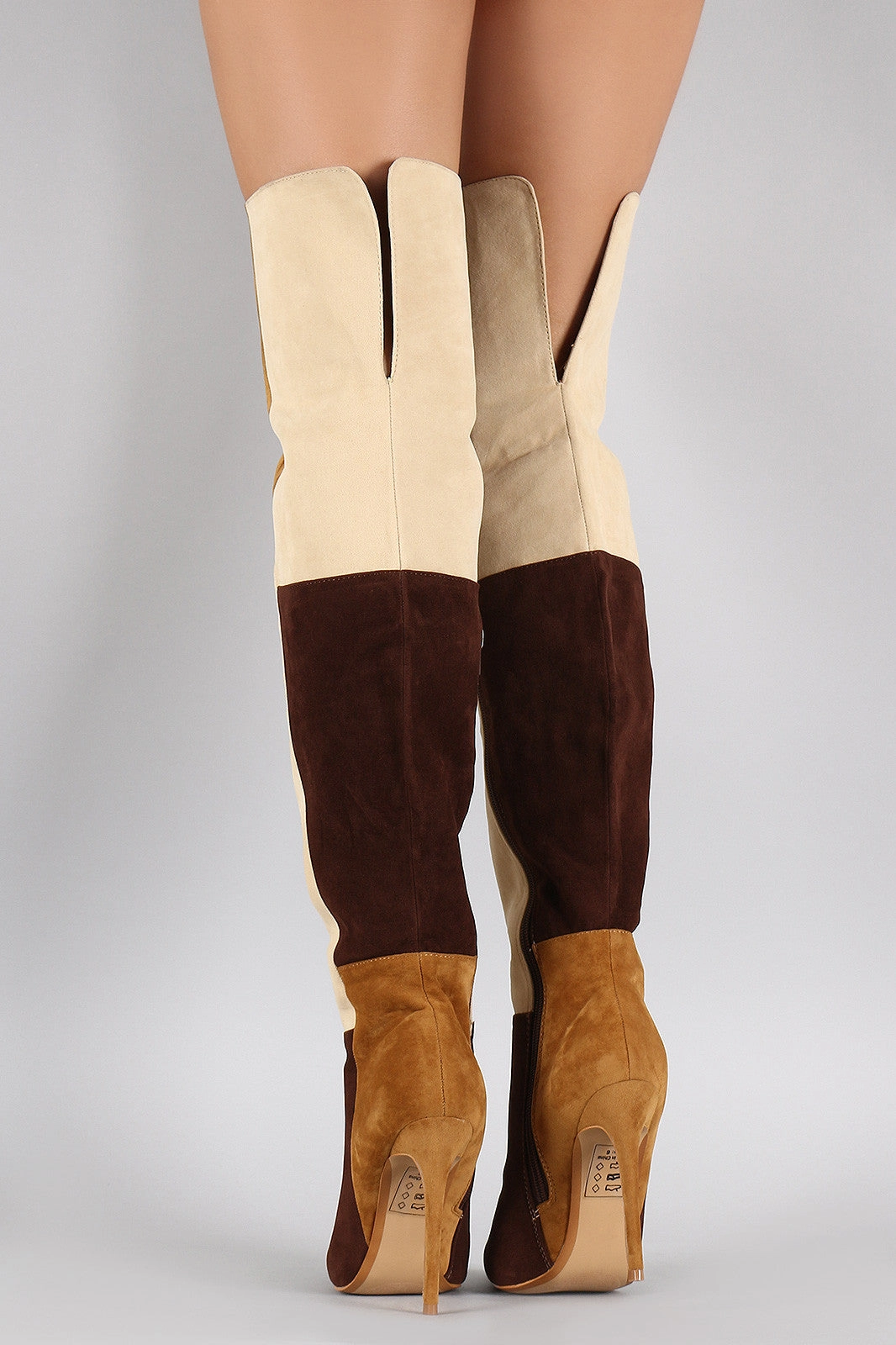 High Heels With Ankle Strap Shoe Republic LA Suede Colorblock Patchwork Stiletto Boots