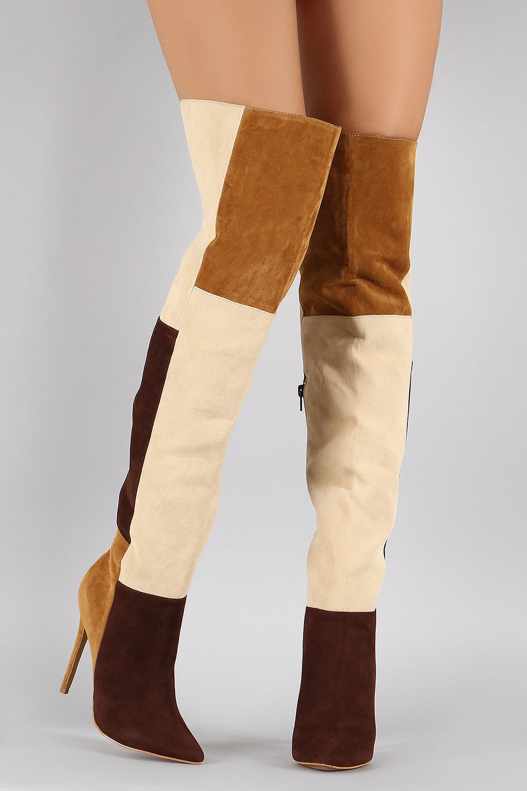 Shoe Republic LA Suede Colorblock Patchwork Stiletto Boots Zelensky Dance Heels