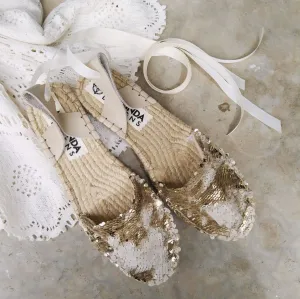 Sequin Espadrilles - Champagne - Double Sole Comfy Wedge Sandals