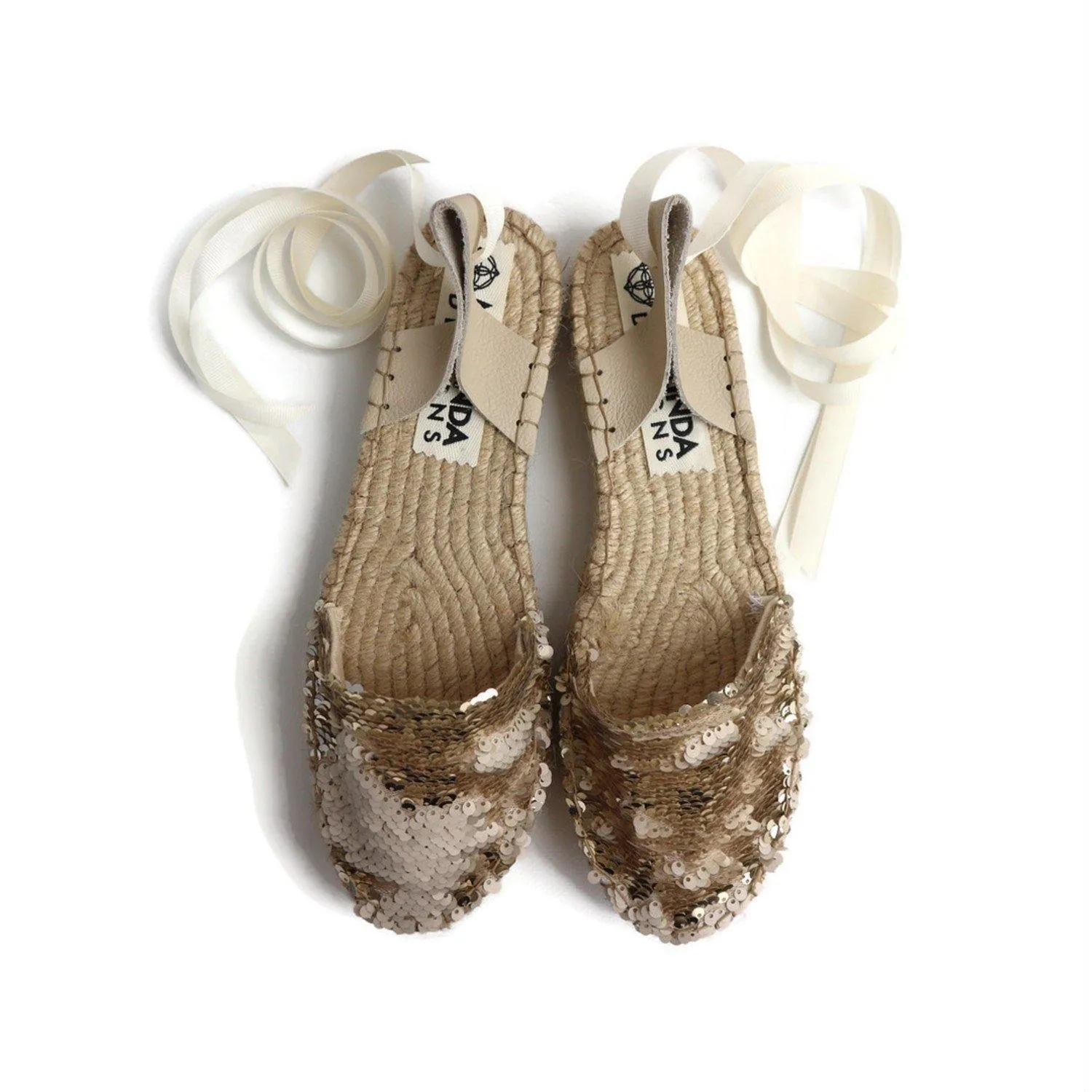 Sequin Espadrilles - Champagne - Double Sole Thong Wedge Sandals