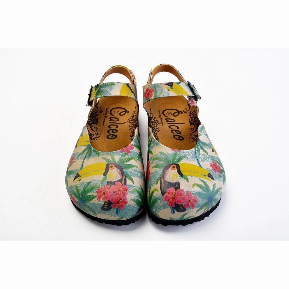 High Heel Height Vs Size Pink, Blue, Beige Color and Pink Flowers, Yellow Toucan Patterned Clogs - CAL1608