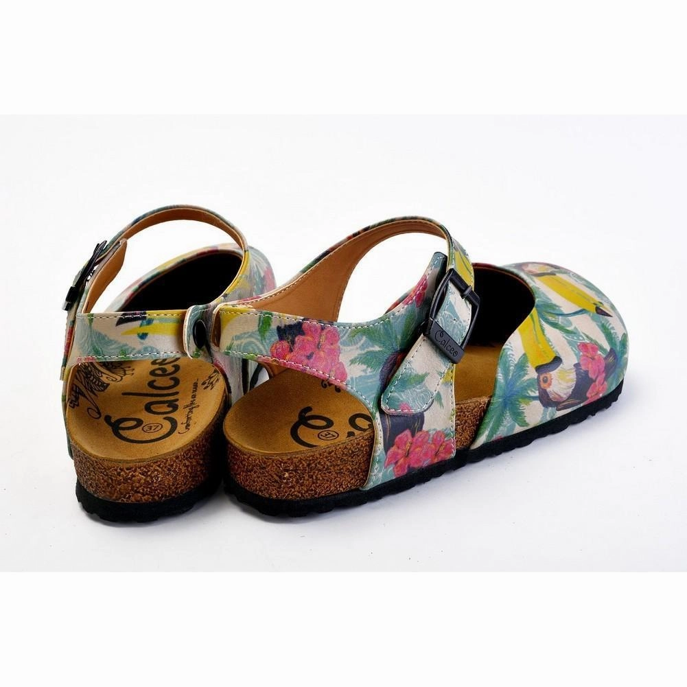 High Heels Shiny Pink, Blue, Beige Color and Pink Flowers, Yellow Toucan Patterned Clogs - CAL1608