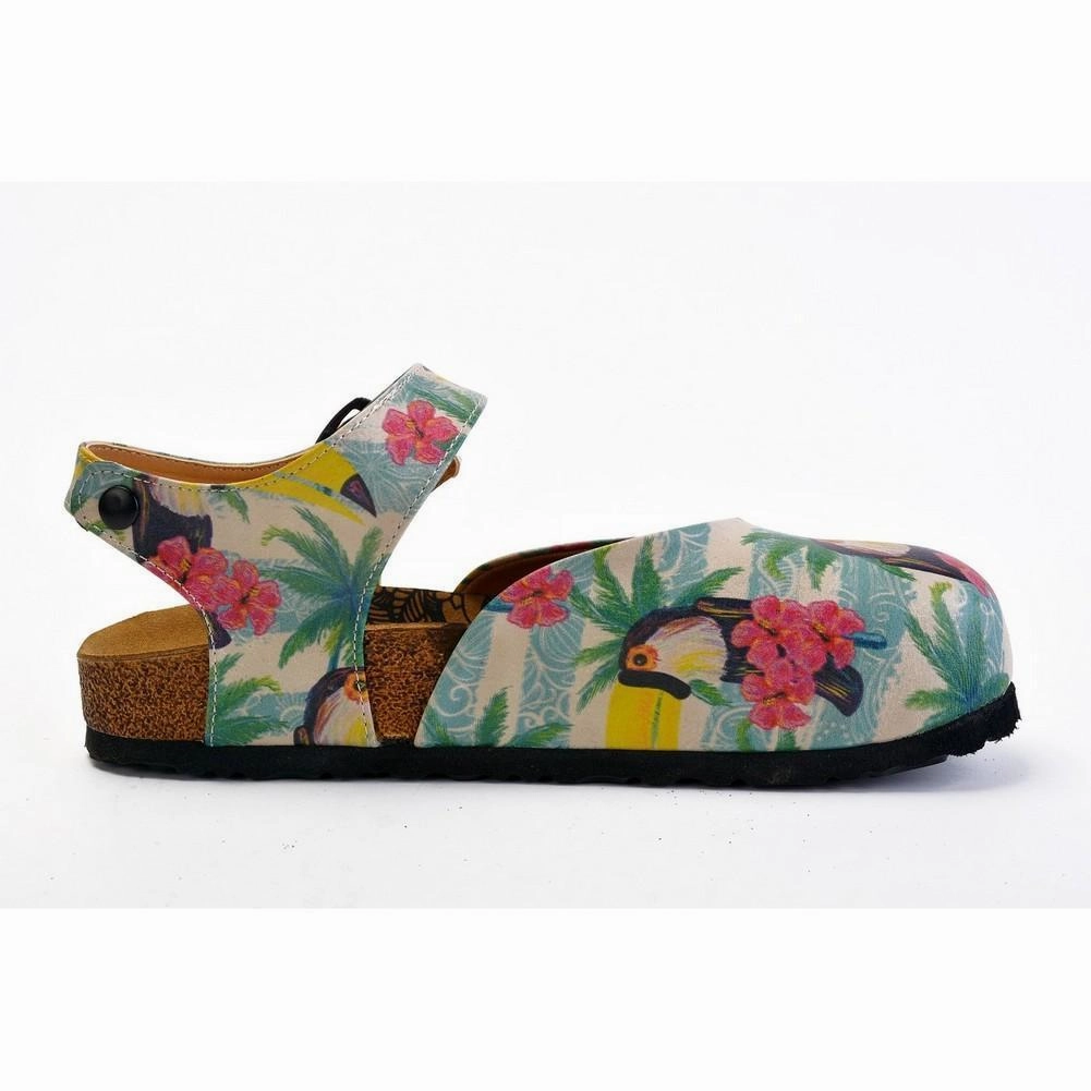 High Heel Chair Nearby Pink, Blue, Beige Color and Pink Flowers, Yellow Toucan Patterned Clogs - CAL1608