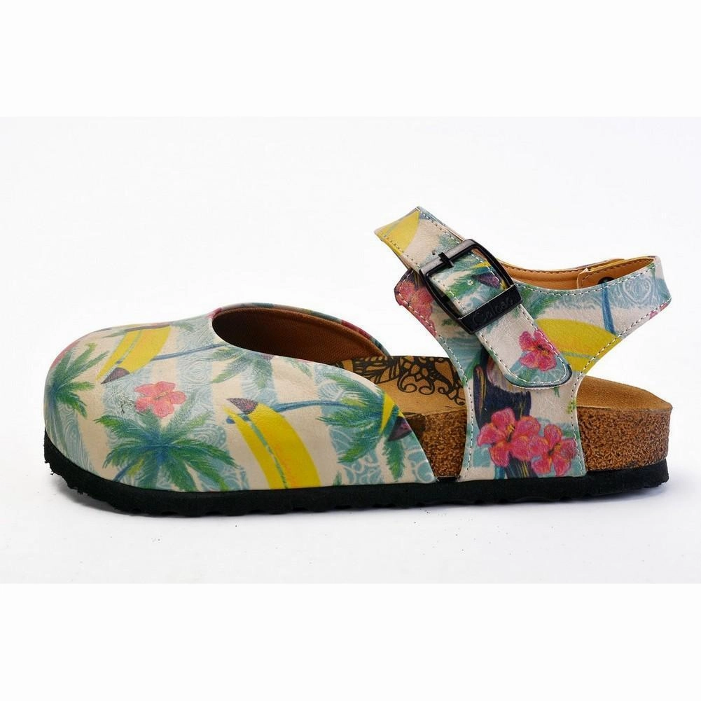 Summer Wedges Pink, Blue, Beige Color and Pink Flowers, Yellow Toucan Patterned Clogs - CAL1608