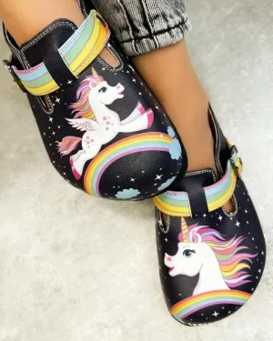 Black Colored and Rainbow, Running Unicorn Patterned Clogs - WCAL364 Duma 6 Running Shoes