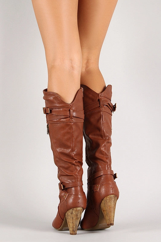 Strappy Buckle Zip Up Knee High Boot Giantess High Heels