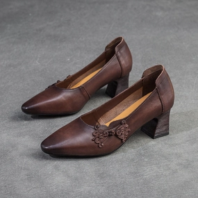 High Heeled Sneakers Shoes Women Retro Leather Point Toe Chunky Heel Pumps