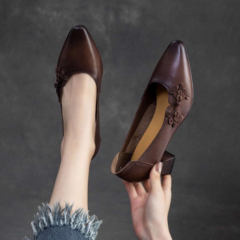 Low Spark Of High Heeled Women Retro Leather Point Toe Chunky Heel Pumps