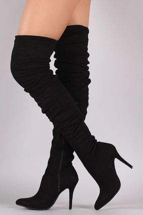 Anne Michelle Suede Slouchy Pointy Toe Stiletto Boots High Heels Lace