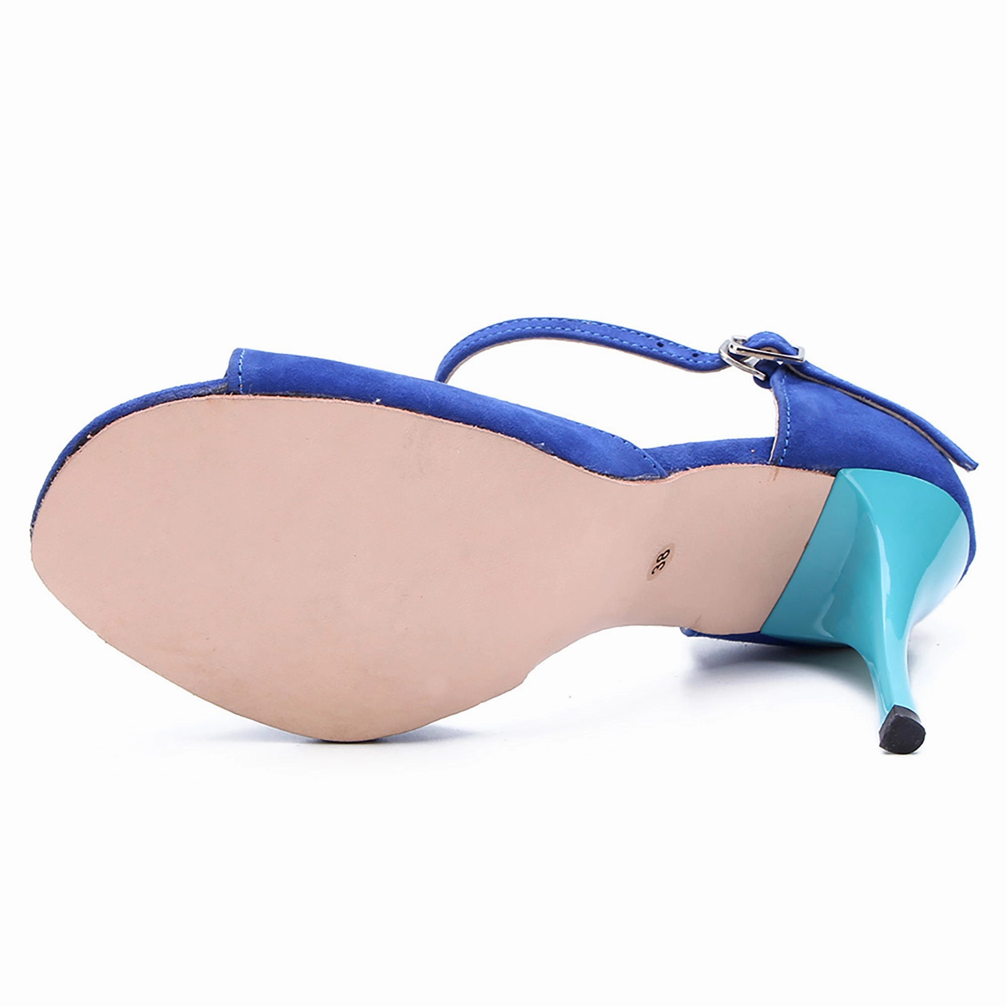 Argentine Tango Shoes for Women High Heel Dance Sandals Leather Sole Blue Round Toe High Heels