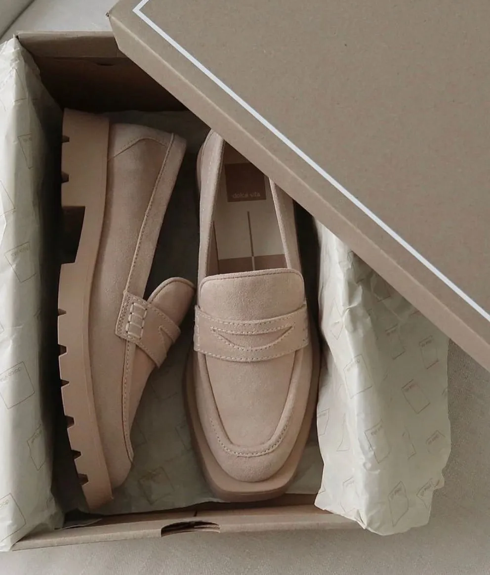 Flat Gold Shoes The Elias Flats Loafer by Dolce Vita - Dune Suede