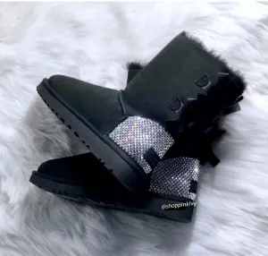 Newrock Boots Black Ugg Boots Double Bailey Bow with Swarovski Crystals