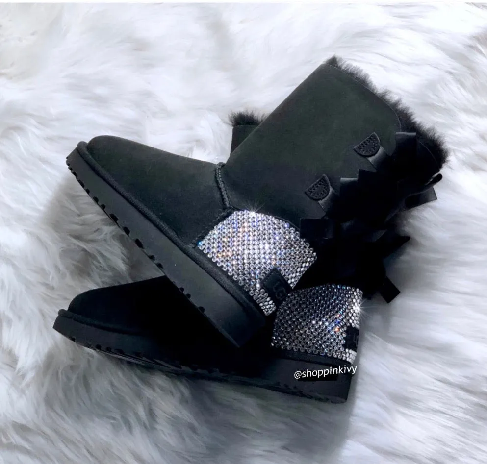 Black Ugg Boots Double Bailey Bow with Swarovski Crystals Cloud Police Boots