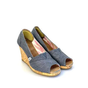 Toms | Womens Denim Wedge Cork Heel Shoes | Color: Blue | Size: 5 | GUC Casual Flat Slip On Shoes
