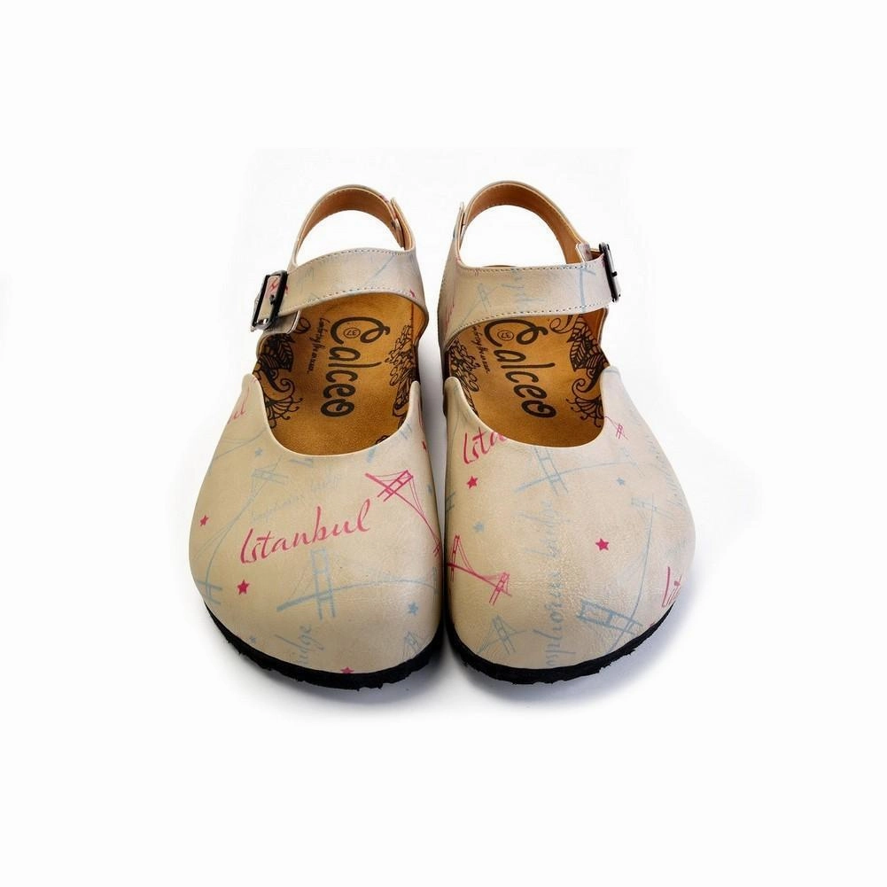 High Top Heels Beige, Blue, Red Sail and Bridge Color, Istanbul Written Patterned Clogs - CAL1607