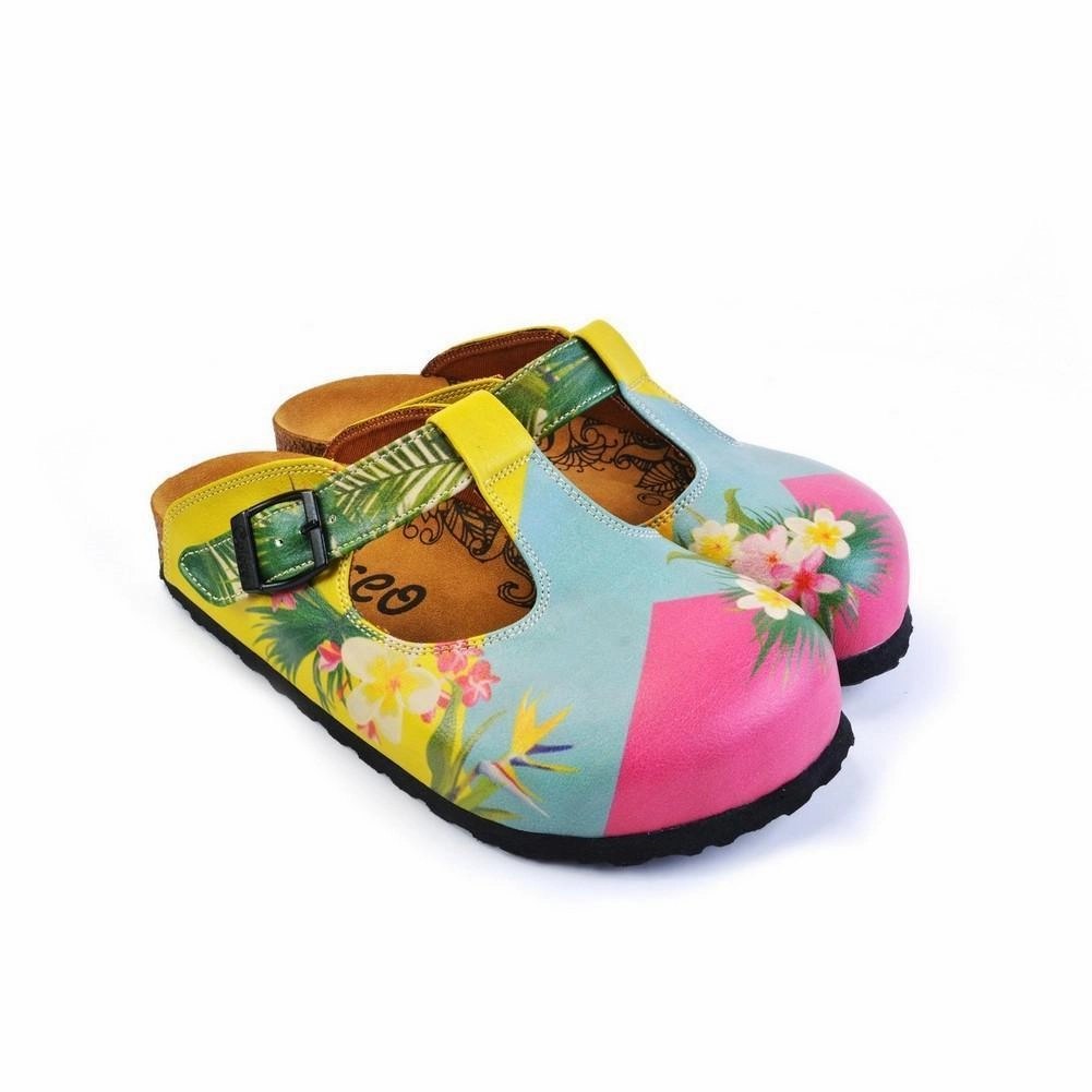 Pink, Light Blue, Yellow and Tropical Flowers Patterned Clogs - CAL1502 Bedazzled High Heels