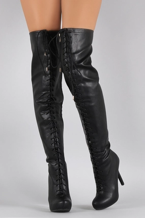 Dollhouse Almond Toe Lace Up Stiletto Over-The-Knee Boots High Heel Peep Toe Shoes