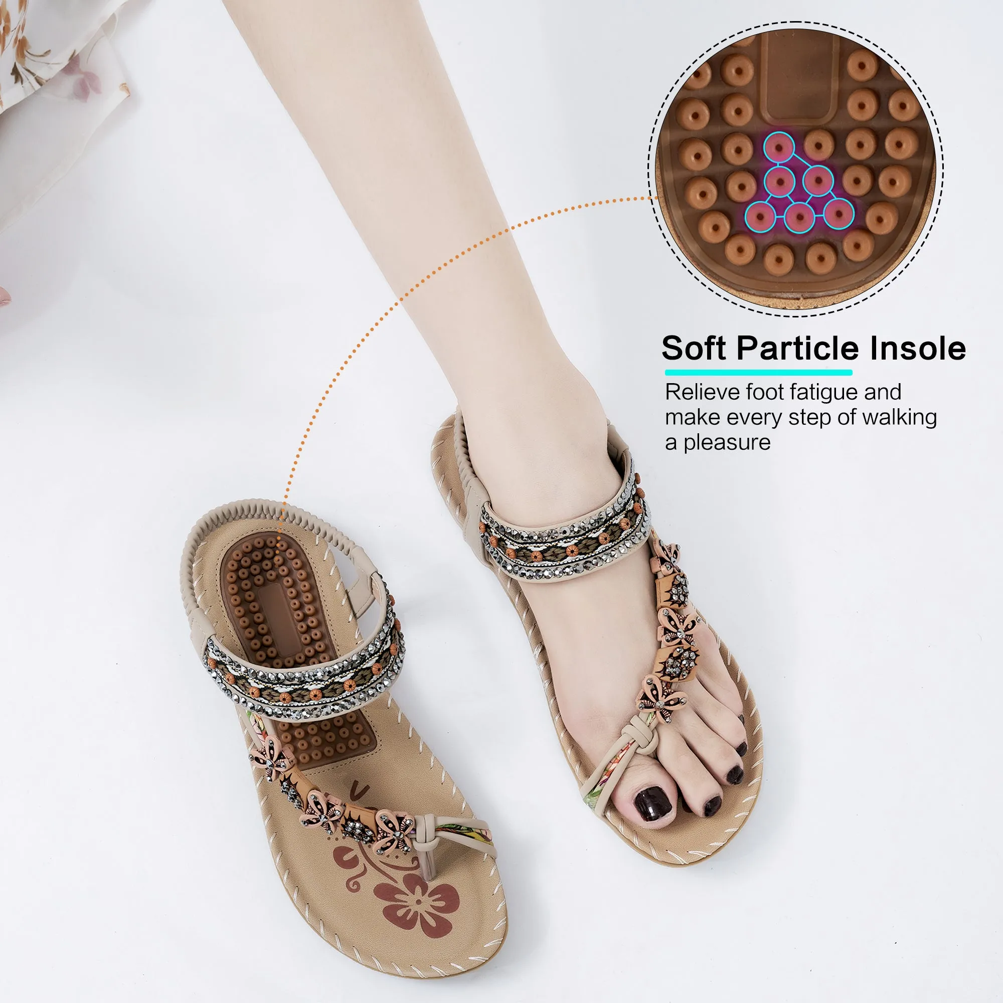 Women Summer Sandals Rhinestone Flats Sandals Female Casual Comfortable Massage Beach Shoes Leather Flat Pointed Shoes