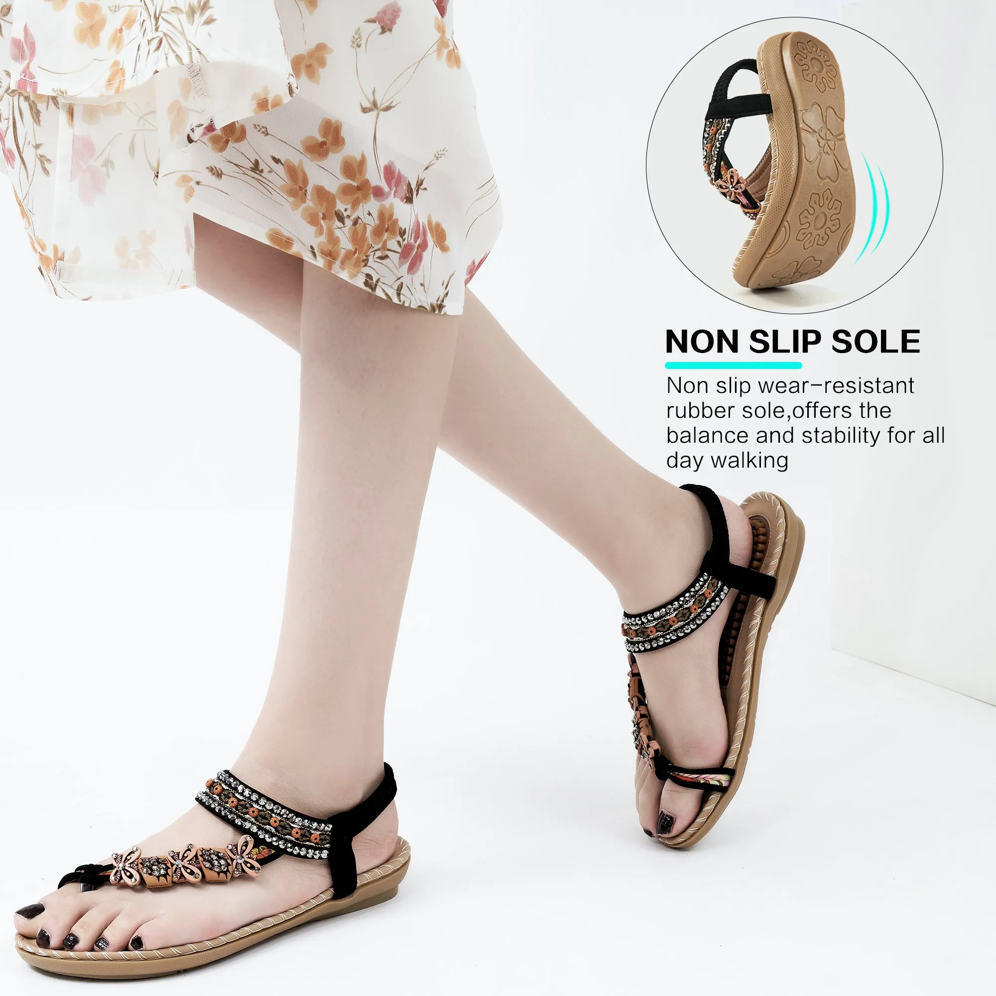 Women Summer Sandals Rhinestone Flats Sandals Female Casual Comfortable Massage Beach Shoes Flat Style Shoes
