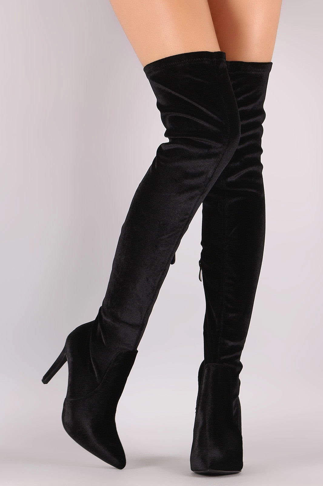 Velvet Pointy Toe Stiletto Over-The-Knee Boots Lace Boots