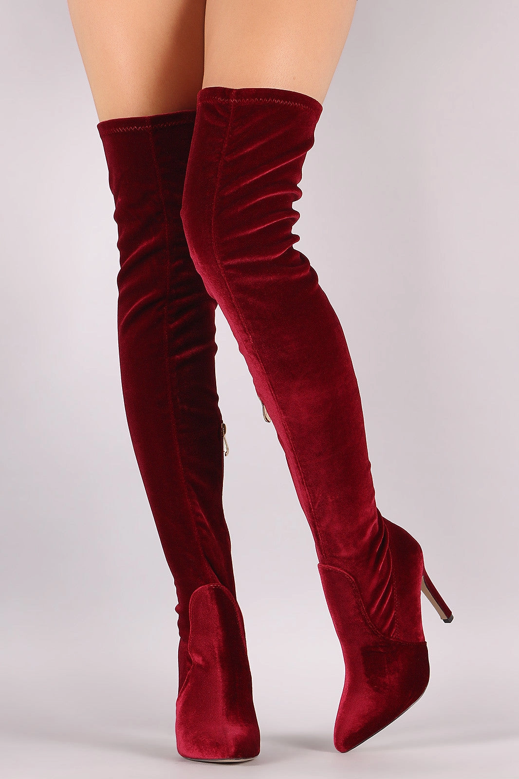 Ankle High Boots With Heels Velvet Pointy Toe Stiletto Over-The-Knee Boots