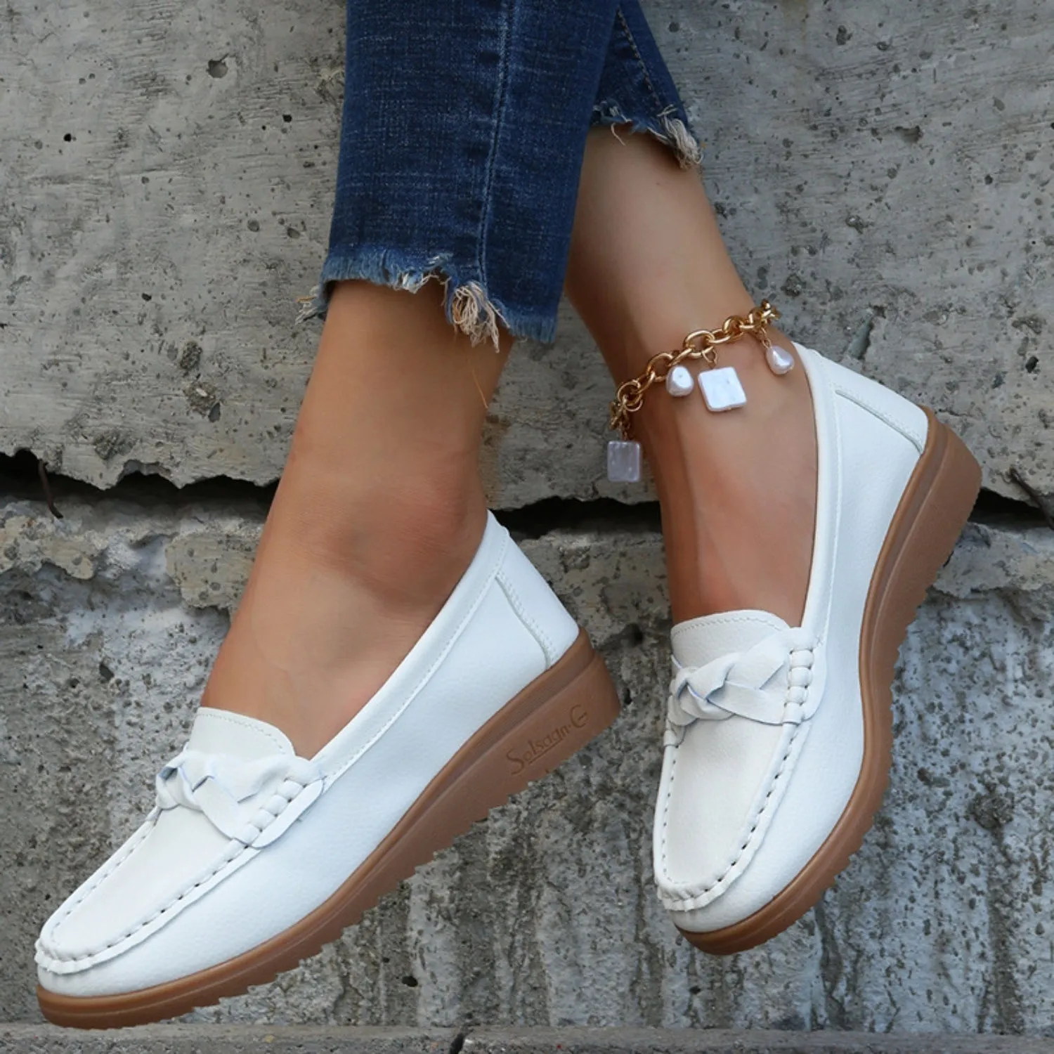 Loafers With Wide Toe Box Weave Wedge Heeled Loafers