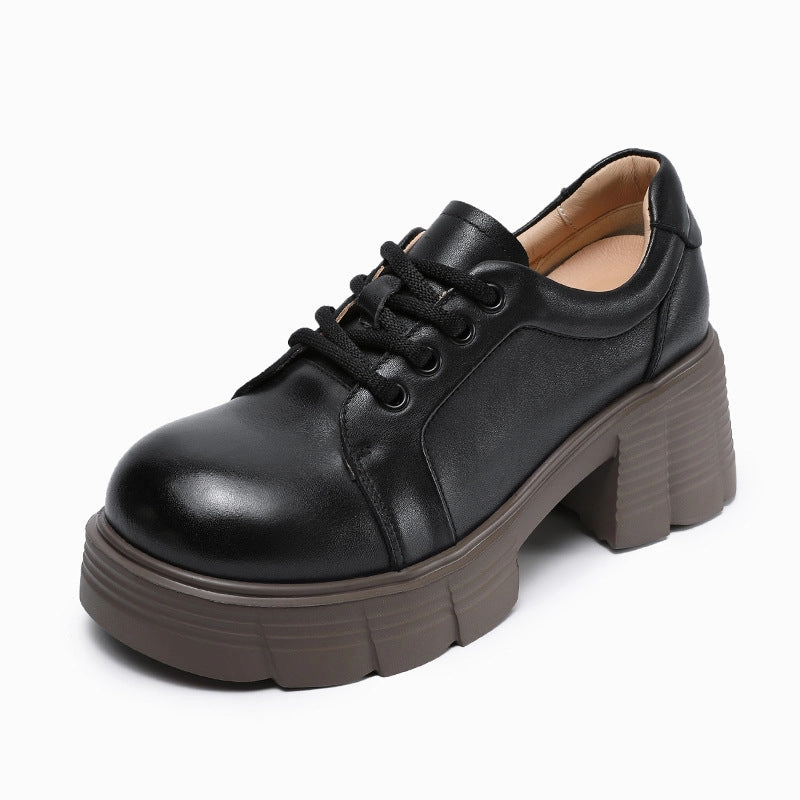 Women Minimalism Solid Leather Round Head Mary Jane Shoes Different High Heels