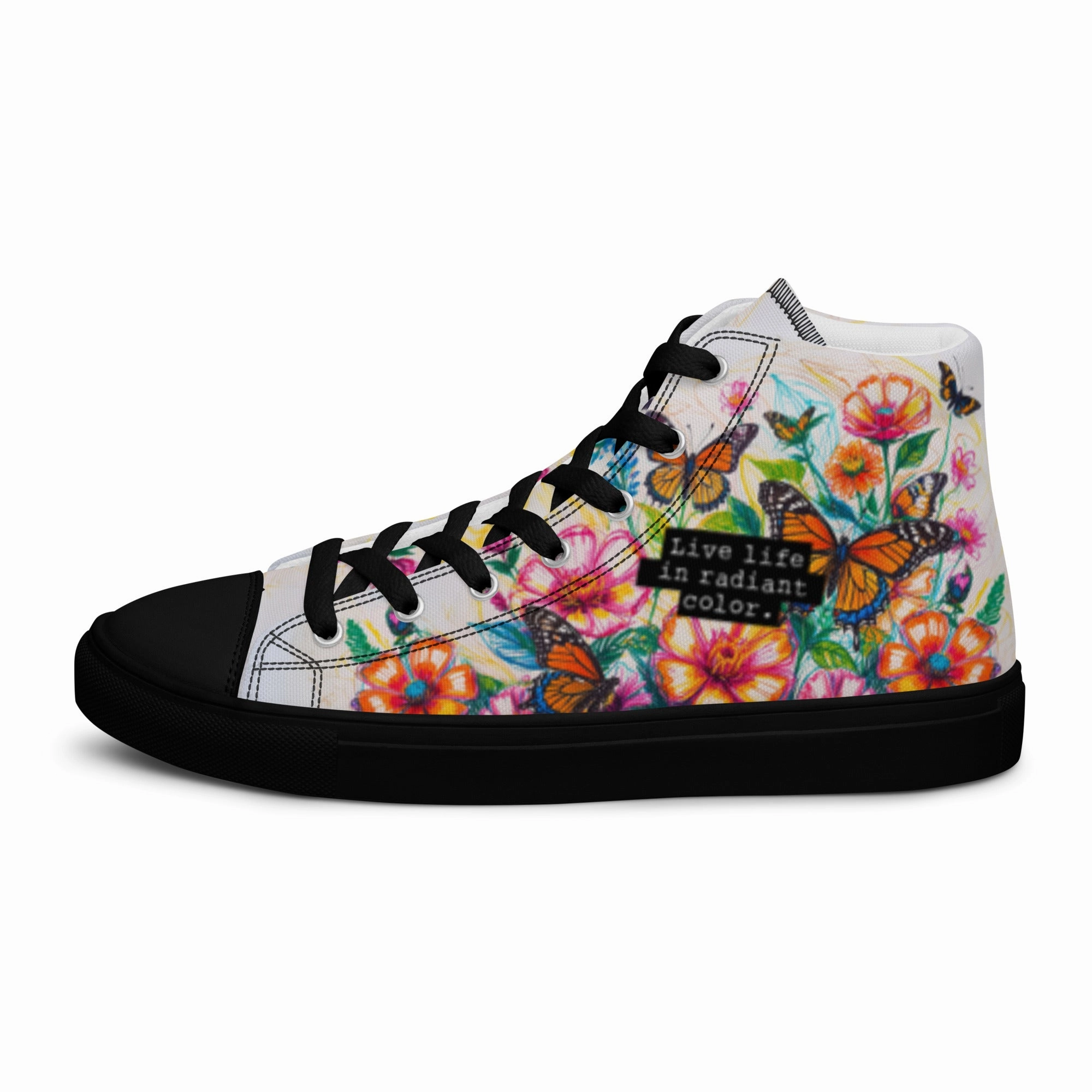 Women's Floral Canvas High-Tops  Colorful Butterfly Print Artistic Sneakers High Heel Squat