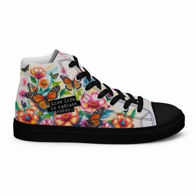 High Heel Wooden Sandals Women's Floral Canvas High-Tops  Colorful Butterfly Print Artistic Sneakers