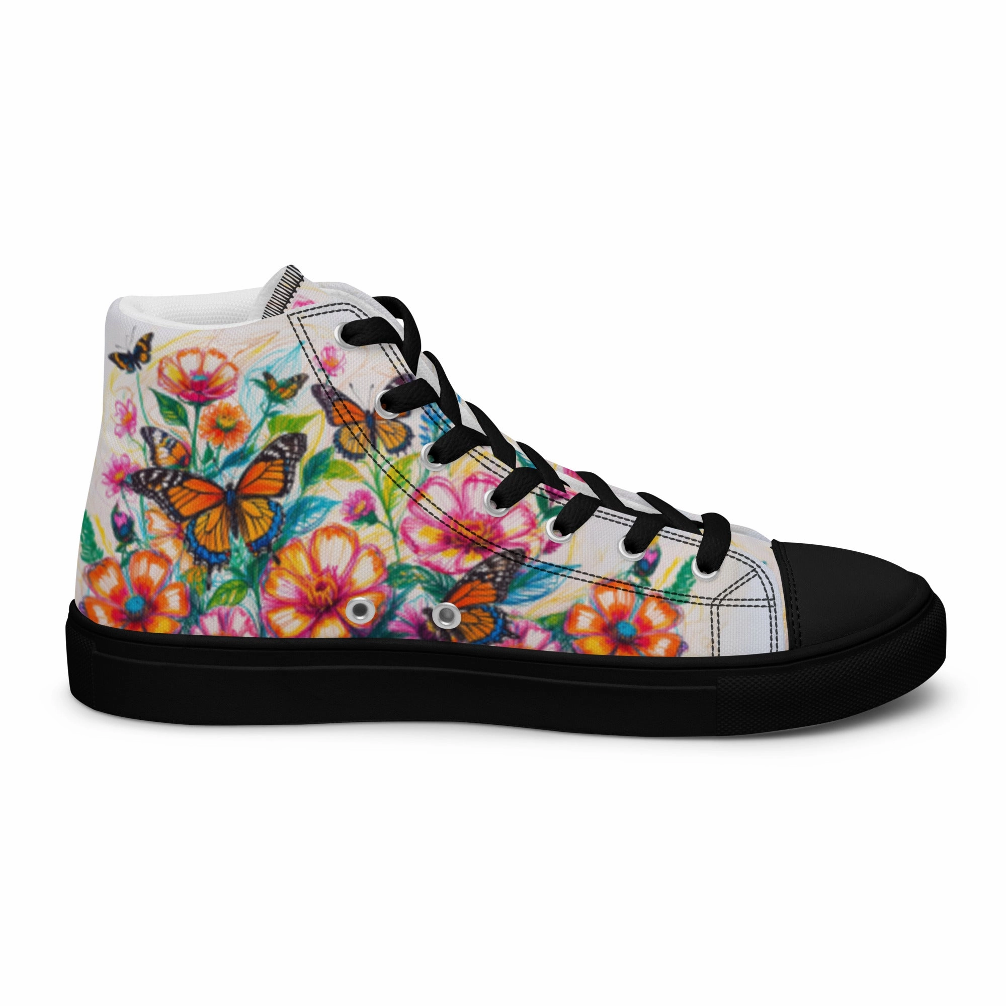 High Block Heels Women's Floral Canvas High-Tops  Colorful Butterfly Print Artistic Sneakers