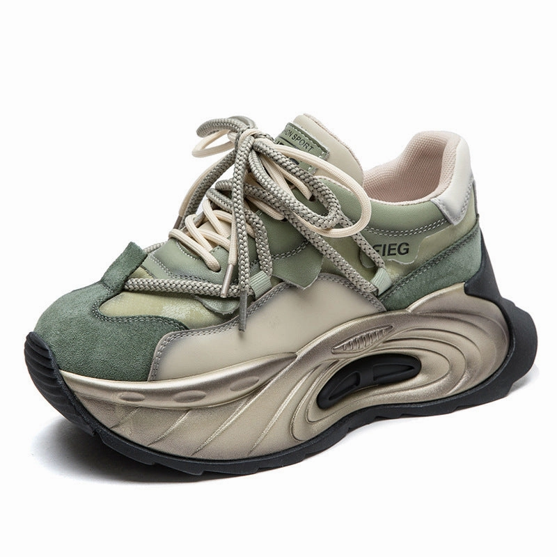 Women Stylish Color Matching Leather Platform Dad Shoes High Heel Race Dc 2024