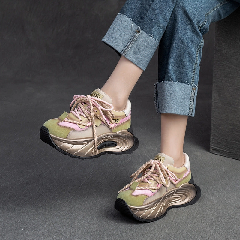 Women Stylish Color Matching Leather Platform Dad Shoes Platform Boots High Heels