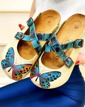 Yellow and Blue Colored Butterfly Patterned Clogs - WCAL178 Clear High Heels