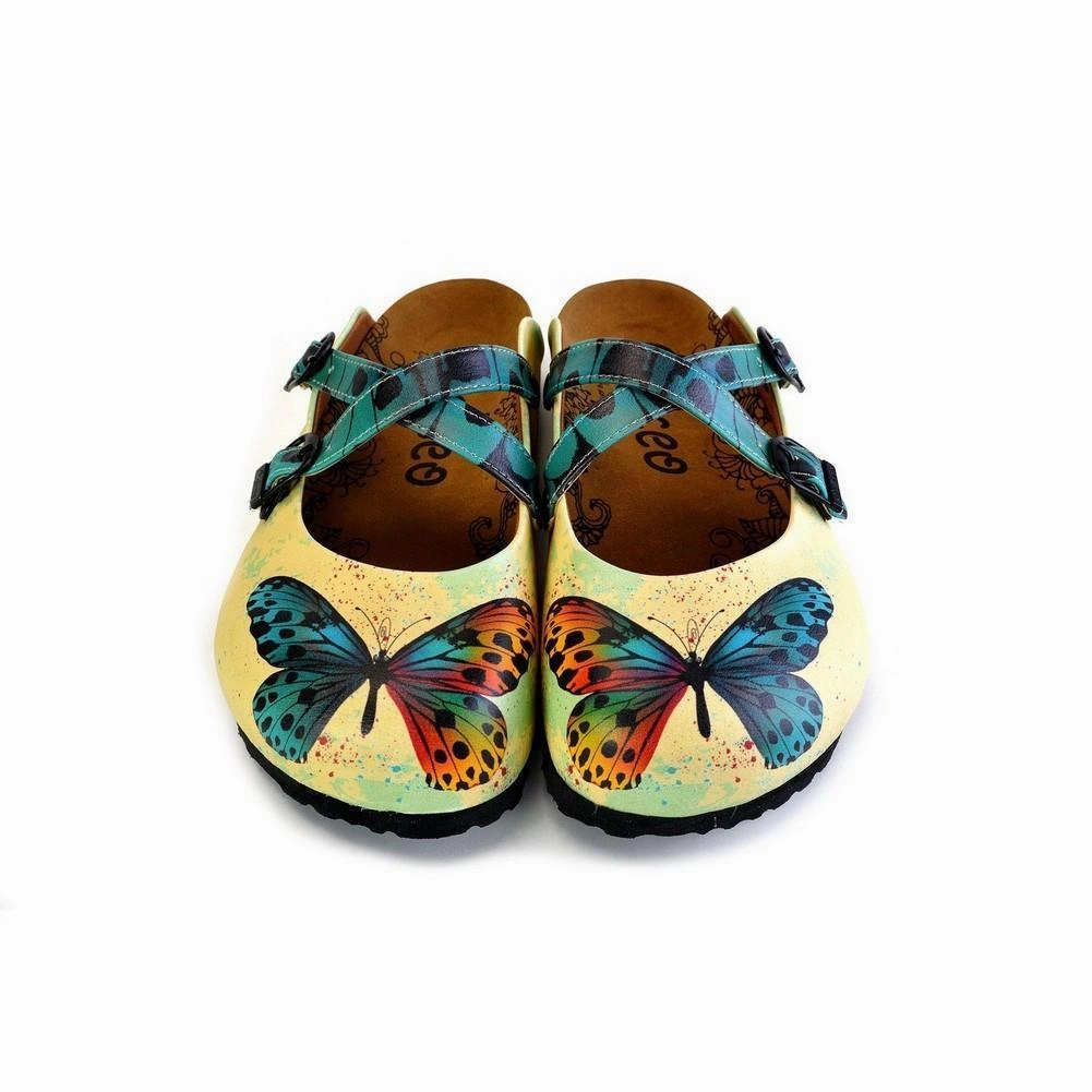 Yellow and Blue Colored Butterfly Patterned Clogs - WCAL178 Olivia High Heels
