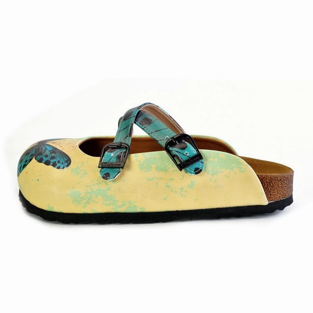 White Pearl Yellow and Blue Colored Butterfly Patterned Clogs - WCAL178